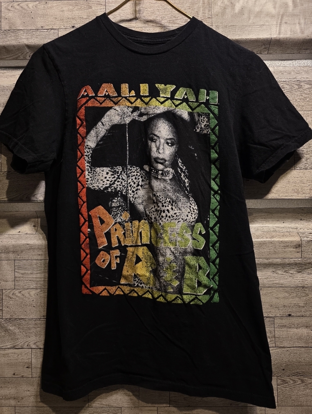 Black Graphic Short Sleeve Tee with Multicolor Aaliyah Print